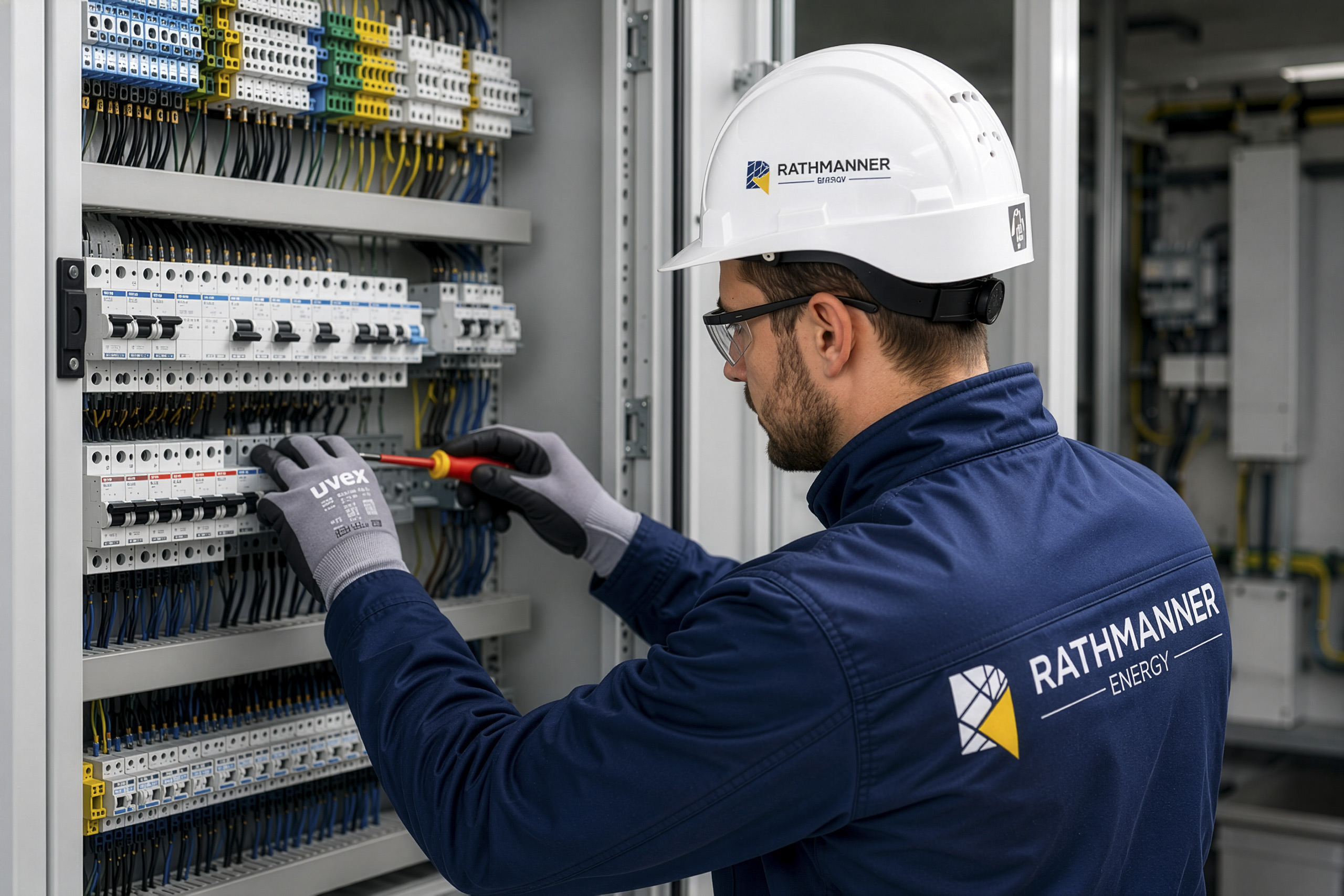 Techniker arbeitet an einem Elektroverteiler für moderne Gebäude- und Energietechnik (KI-Generiert)